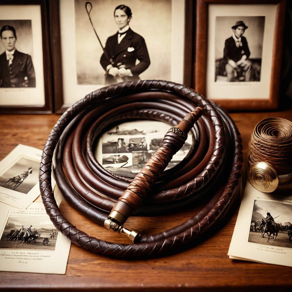 A beautifully crafted leather whip coiled elegantly in the foreground, surrounded by vintage photographs depicting diverse personal stories and cultural moments related to whip culture. In the background, a warm, inviting atmosphere with soft lighting, hinting at a cozy storytelling space. Include rich textures and colors that evoke a sense of history and craftsmanship. super-realistic. warm tones. vintage style.