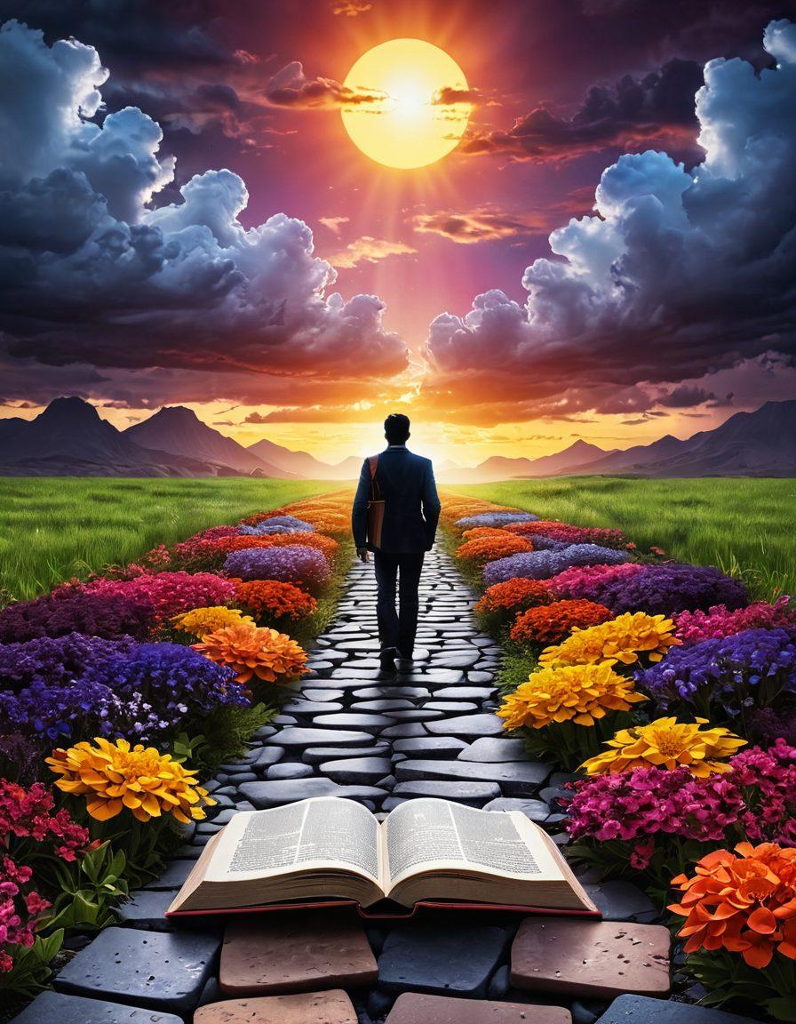 A vibrant open book with glowing pages, symbolizing knowledge and growth, surrounded by a path made of stepping stones leading from dark clouds (representing punishment) to a bright sun and colorful flowers (symbolizing passion). Include a silhouette of a person joyously walking along the path, with laptop and pen in hand. Illustrate this scene with a blend of dynamic colors showcasing transformation and inspiration. vibrant colors. 3D.
