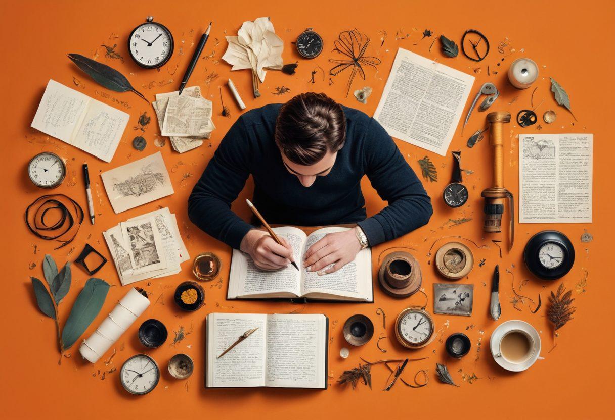 A dynamic collage showcasing a person in the act of writing a blog, surrounded by various whips artistically arranged around them. Include symbols of discipline like a clock and open books, weaving in elements of storytelling such as vibrant illustrations coming to life from the pages. The background should evoke a sense of adventure, with a blend of modern and vintage aesthetics. super-realistic. warm tones. whimsical elements.